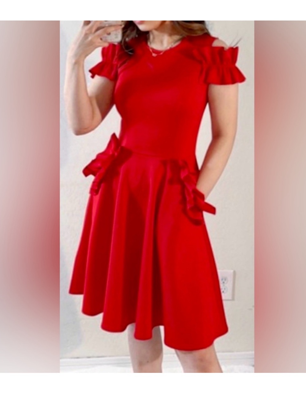 Ted Baker London Red Deneese Ruffle Cold Shoulder Dress 2 - Picture 3 of 9